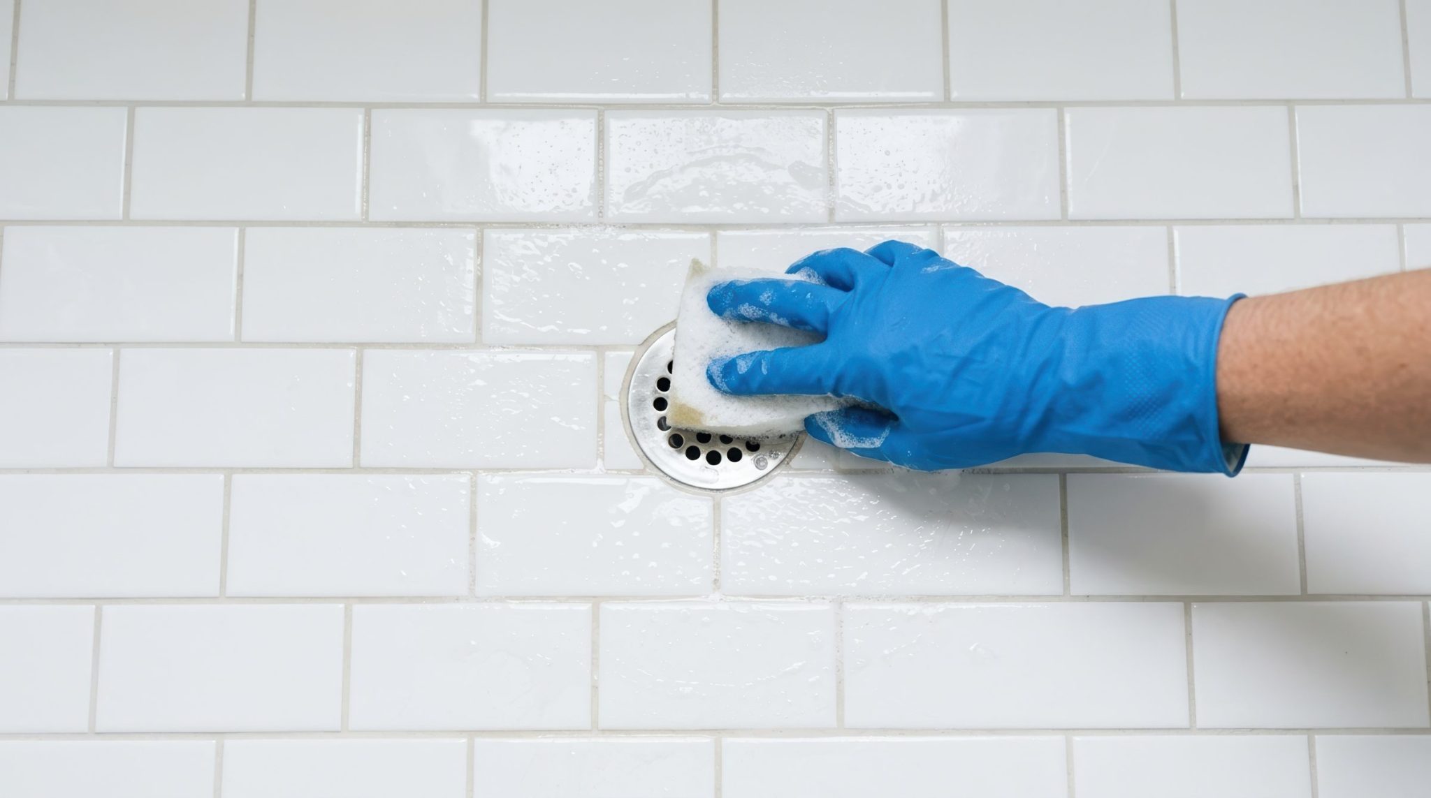 Gloved hand cleaning shower drain with soapy sponge on white subway tile