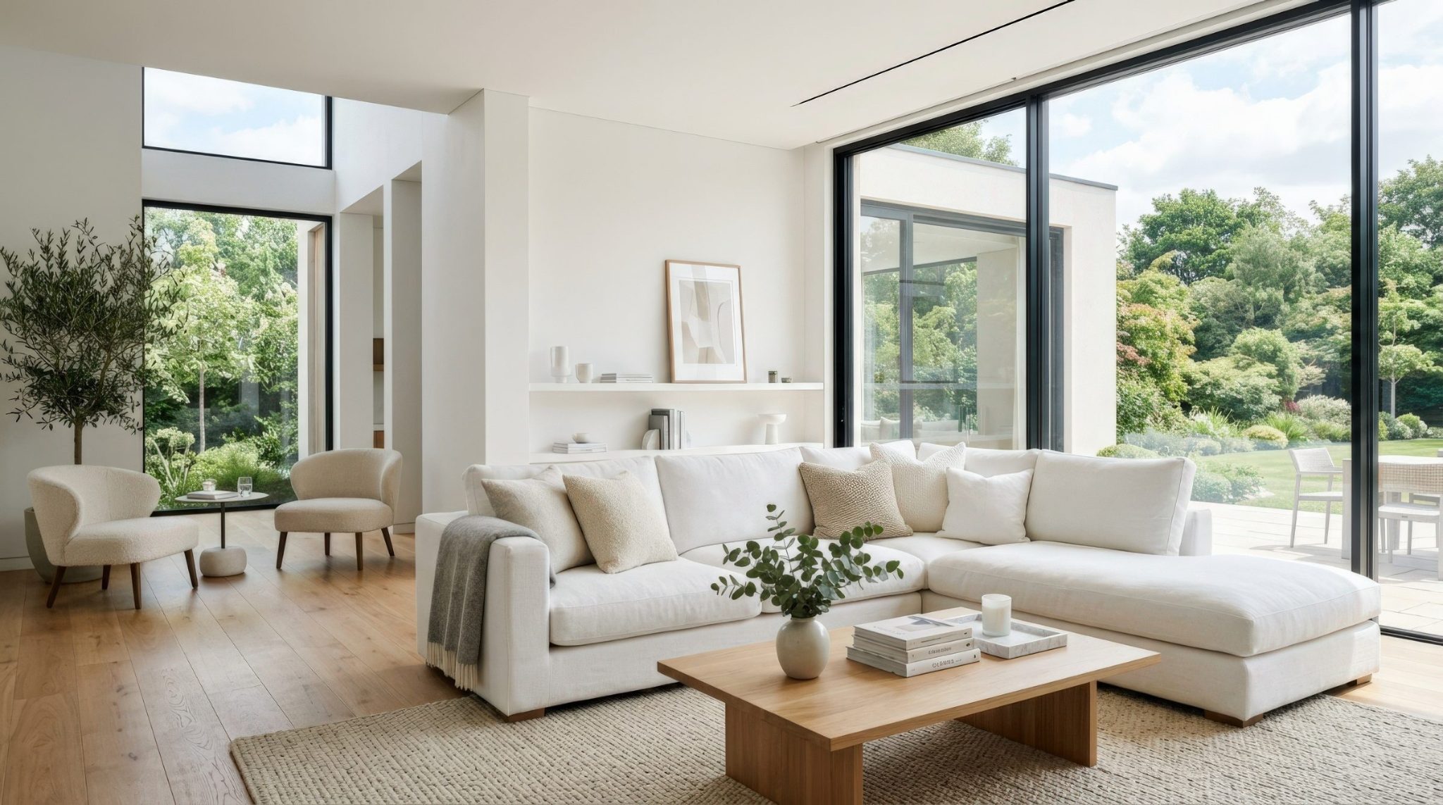 Modern bright living room with cream sectional sofa, wooden coffee table, and large windows overlooking green landscape