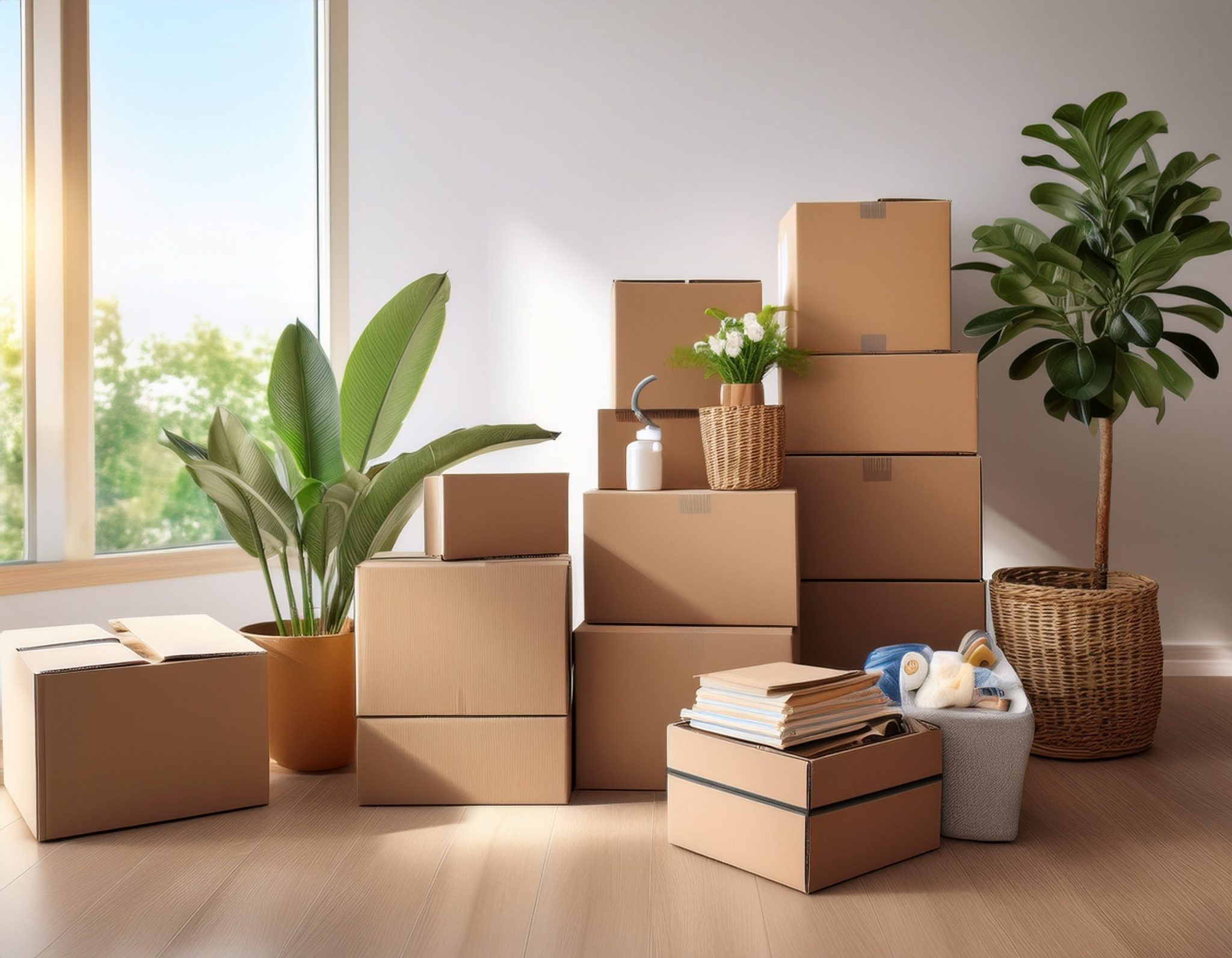Moving boxes and potted plants arranged in a bright room with large windows